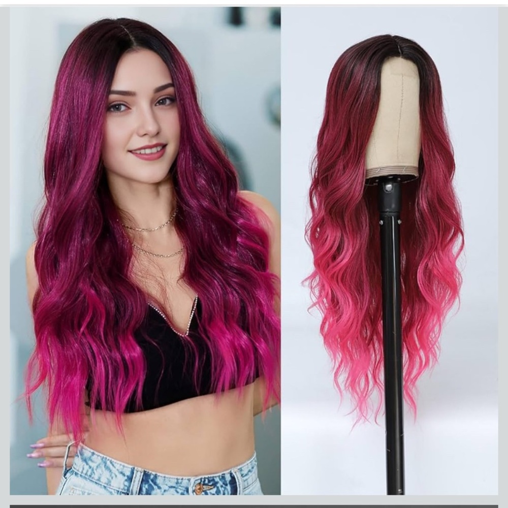 Amarlis Hot Pink Wigs,Long Ombre Pink Wavy Middle Part Soft Synthetic Wig 24”